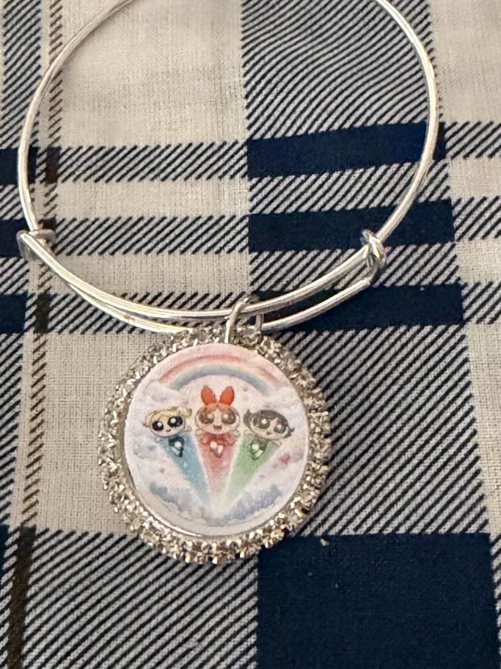 Silver-Tone Powerpuff Girls Charm Bangle Bracelet - Pink, Blue, Green